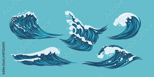 Sea wave,ocean vector flat design illustration.Isolated water splash set.