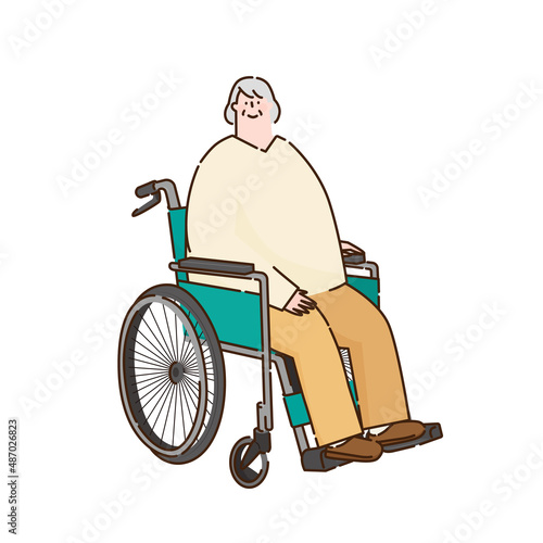 Vector illustration of an elderly woman in a wheelchair. There is an outline.
