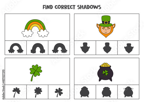 Find correct shadow of St Patrick day elements. Printable clip card games for children.