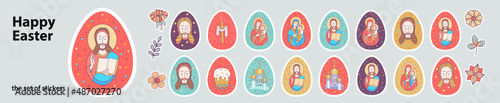 A large set of stickers for Easter. Painted eggs. Fine vector painting with spring flowers, with the Virgin Mary and Jesus.