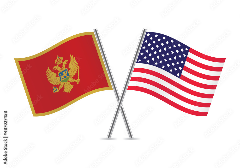 Montenegro and America crossed flags.  Montenegrin and American flags, isolated on white background. Vector icon set. Vector illustration.