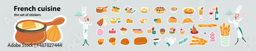 A set of vector stickers of French dishes and chef characters.