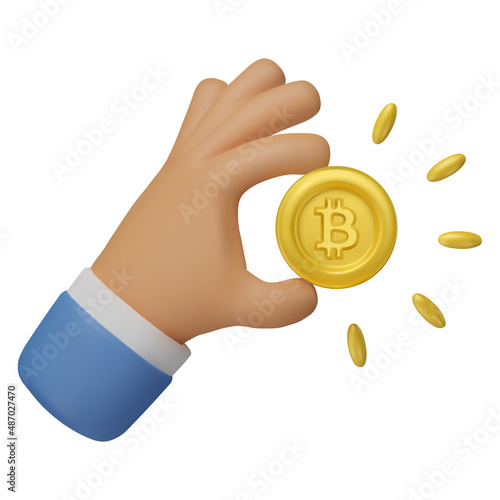 3d Icon hand holding bitcoin. Realistic vector render emoji. Money cryptocurrency concept, golden coin design element isolated on white background