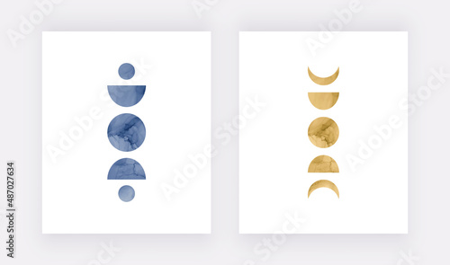 Boho wall art prints with blue and golden foil moon phase