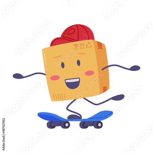 Cute Delivery Cardboard Box Character in Red Cap Riding Skateboard Vector Illustration