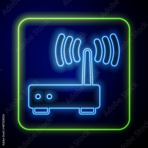 Glowing neon Router and wi-fi signal icon isolated on blue background. Wireless ethernet modem router. Computer technology internet. Vector