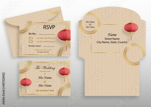 Chinese oriental wedding (RSVP answer) envelope template with color background and oriental elements