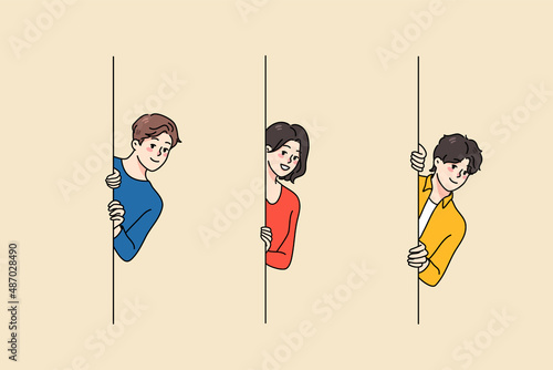 Diverse smiling people peek from corner get to know news. Happy men and women look out from wall spy for hidden information or secret data. Curiosity concept. Flat vector illustration. 