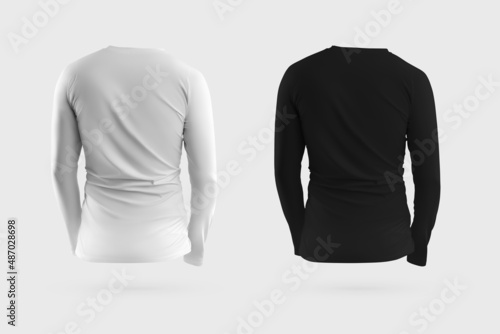 Mockup of white, black tight sweatshirt, longsleeve 3D rendering, back view, apparel for men, isolated on background.