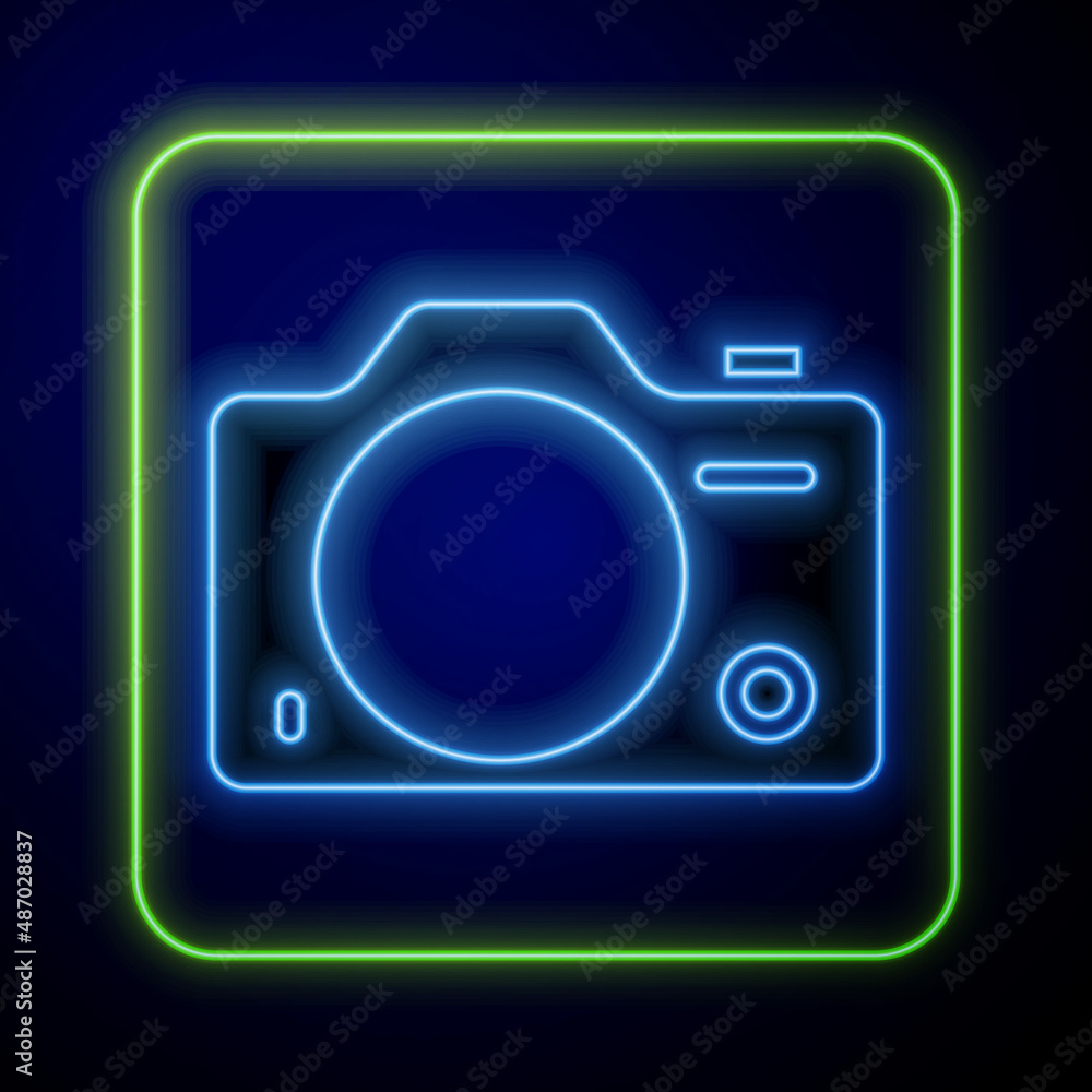 Glowing neon Photo camera icon isolated on blue background. Foto camera. Digital photography. Vector Glowing neon Photo camera icon isolated on blue background. Foto camera. Digital photography. Vector