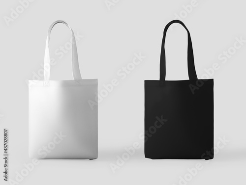 Mockup of white, black totebag with handle 3d rendering, standing and isolated on background.