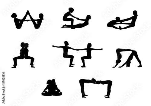 Set of Partner Yoga. Set of yoga black silhouette.