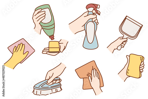 Hand of person clean surface with sponge and detergent. Set of housekeeper professional wash cleanse house. Cleaner or home help give good quality services. Housekeeping. Vector illustration. 