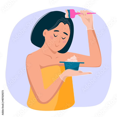Vector illustration of woman coloring her gray hair at home. Concept of premature aging. Problem with hairline.
