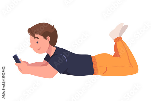 Teen Boy Character with Digital Device Lying on the Floor Suffering from Internet Addiction Vector Illustration