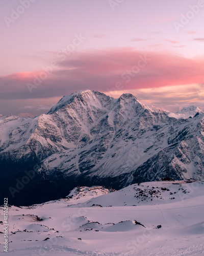 Greater Caucasus Range.  Glacier Seven on mount Donguz-Orun, view On the Sunset from Elbrus mount. Winter landscape, Greater Caucasus Range.