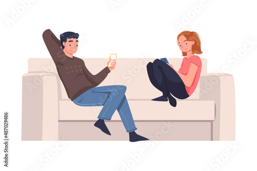 Man and Woman Character with Digital Device Sitting on Sofa Suffering from Internet Addiction Vector Illustration