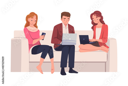 Man and Woman Character with Digital Device Sitting on Sofa Suffering from Internet Addiction Vector Illustration