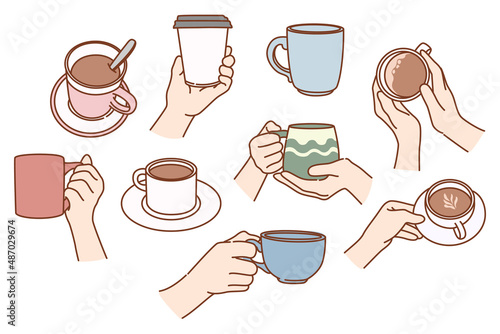Set of person hold mugs enjoy coffee in cafe or home. Collection of people with takeaway or casual cups drink warm tea or cappuccino in coffeeshop or house. Flat vector illustration. 
