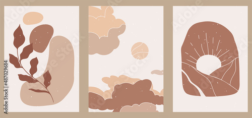 Abstract minimalist hand-drawn illustration for stories, wall decoration, postcard or brochure, cover design. Doodle background contains various shapes, sun, clouds. Modern trendy Boho vector art.