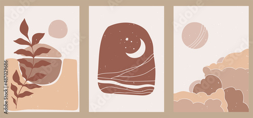 Abstract minimalist hand-drawn illustration for stories, wall decoration, postcard or brochure, cover design. Doodle background contains various shapes, sun, clouds. Modern trendy Boho vector art.