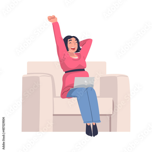 Woman Character with Laptop Sitting in Armchair and Stretching Suffering from Internet Addiction Vector Illustration