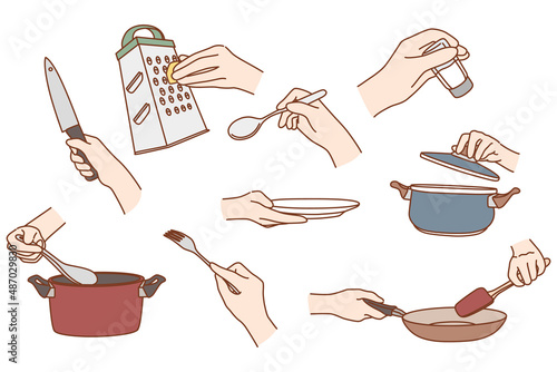 Set of person use kitchen tool prepare food at home or restaurant. Collection of hand cooking utensils or equipment meal preparation. Chef cook classes concept. Vector illustration. 