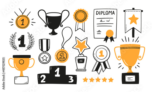 Fényképezés Awards, trophy cups, first place medals and podium winners set