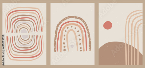 Abstract minimalist hand-drawn illustration for stories, wall decoration, postcard or brochure, cover design. Doodle background contains various shapes, sun, clouds. Modern trendy Boho vector art.