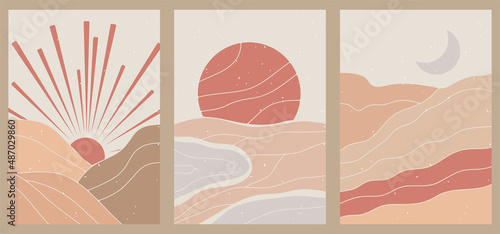 Abstract minimalist hand-drawn illustration for stories, wall decoration, postcard or brochure, cover design. Doodle background contains various shapes, sun, clouds. Modern trendy Boho vector art.