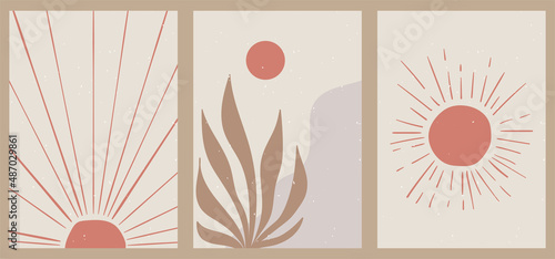 Abstract minimalist hand-drawn illustration for stories, wall decoration, postcard or brochure, cover design. Doodle background contains various shapes, sun, clouds. Modern trendy Boho vector art.