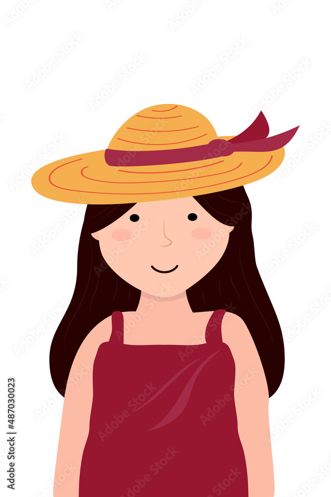 Young girl in a straw hat from the sun and a summer red sundress. Vector cartoon illustration in flat style Young girl in a straw hat from the sun and a summer red sundress. Vector cartoon illustration in flat style