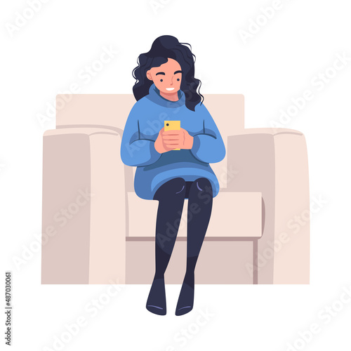 Woman Character with Digital Device Sitting in Armchair Suffering from Internet Addiction Vector Illustration
