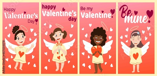 Happy Valentine s Day. Collection of greeting cards with babies cupid angels. Boys and girls. Red and white hearts. Cartoon characters. Cute and funny. Gradient background. Template for post cards