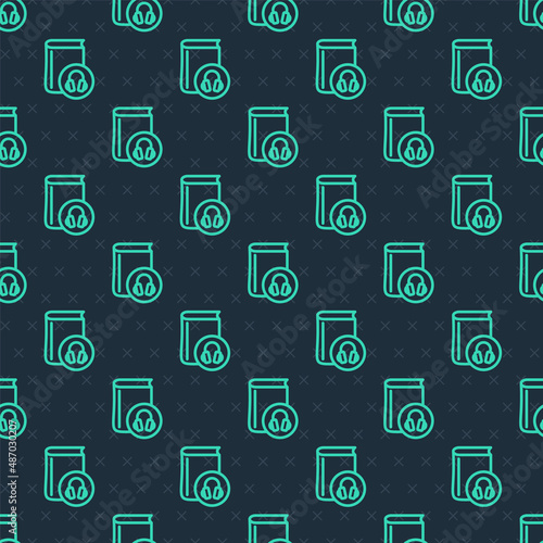 Green line Audio book icon isolated seamless pattern on blue background. Book with headphones. Audio guide sign. Online learning concept. Vector