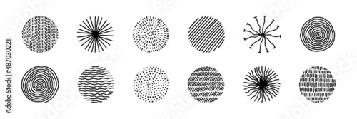 Hand drawn circles with doodle texture. Modern abstract set black round shapes with lines, circles, drops. Hand drawn organic doodle shapes. Colletion vector illustrations isolated on white background