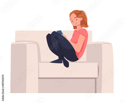 Woman Character with Digital Device Sitting in Armchair Suffering from Internet Addiction Vector Illustration