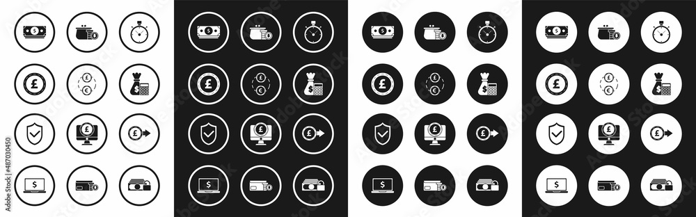 Set Stopwatch, Money exchange, Coin money with pound sterling symbol, Stacks paper cash, Calculator bag, Wallet coins, and Shield check mark icon. Vector Set Stopwatch, Money exchange, Coin money with pound sterling symbol, Stacks paper cash, Calculator bag, Wallet coins, and Shield check mark icon. Vector