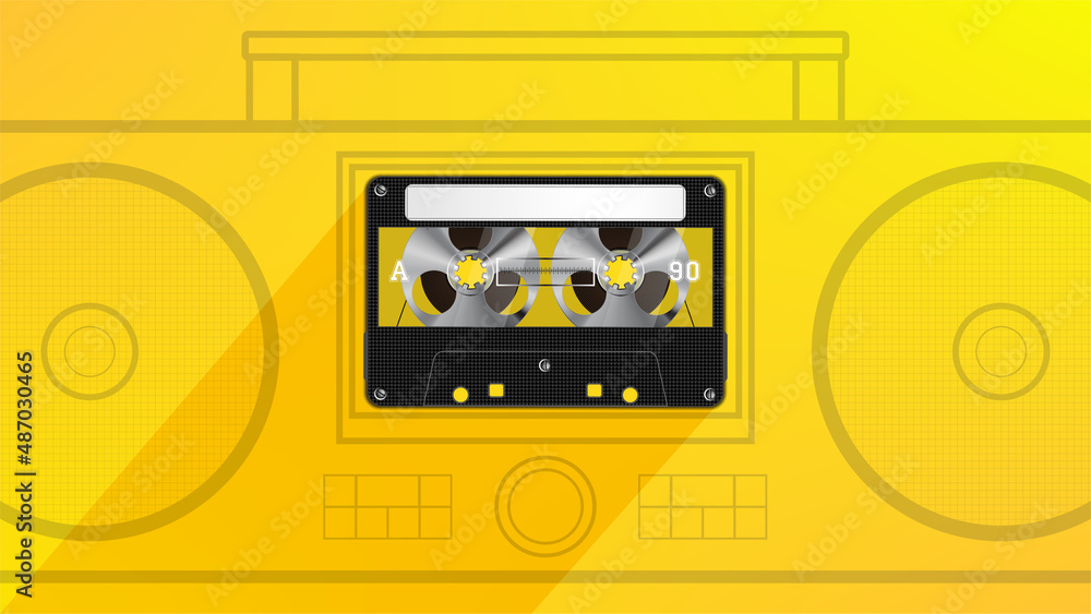 Fototapeta premium Realistic vector black vintage plastic audio cassette tape on a bright yellow background