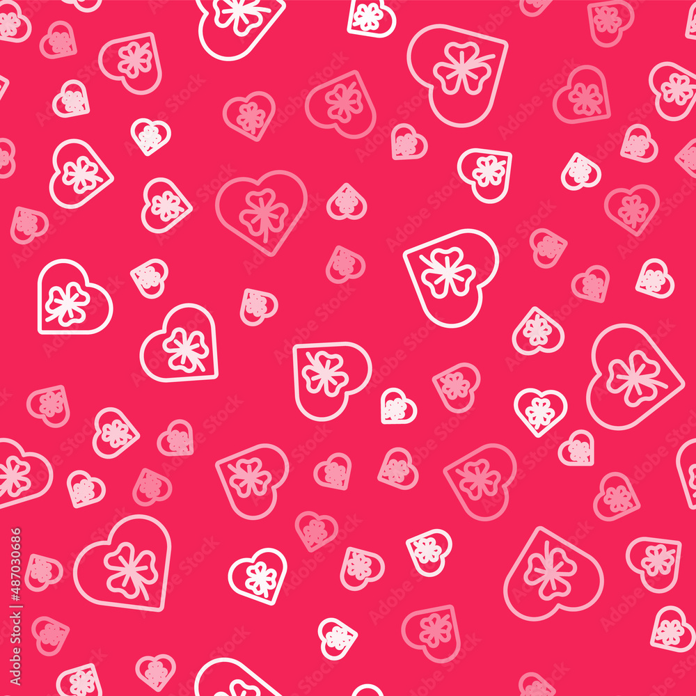 White line Heart with clover trefoil leaf icon isolated seamless pattern on red background. Happy Saint Patricks day. National Irish holiday. Vector White line Heart with clover trefoil leaf icon isolated seamless pattern on red background. Happy Saint Patricks day. National Irish holiday. Vector