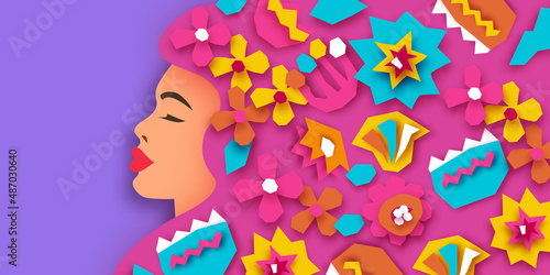 Female portrait with paper cut flowers. Happy Women's day. Happy Mother's Day. Abstract Hand drawn paper cut floral shapes. Trendy contemporary art. 8 March. Spring. Paper art work. Very peri color.