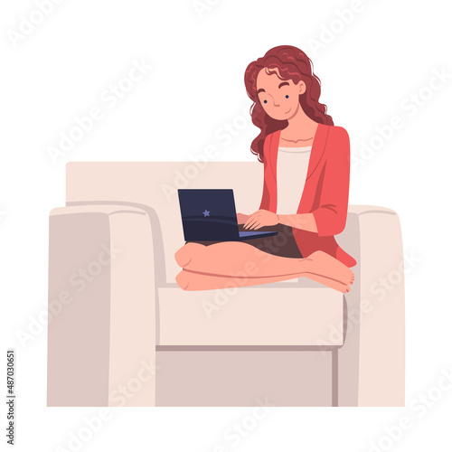 Woman Character with Digital Device Sitting in Armchair Suffering from Internet Addiction Vector Illustration