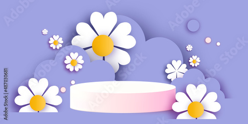 Flowers and clouds. Happy Women's Day or Mother's Day. 3D Podium scene or pedestal on pink minimal design paper cut craft studio for display product mockup design.