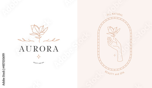 Illustration of logo template with magnolia flower and female hand