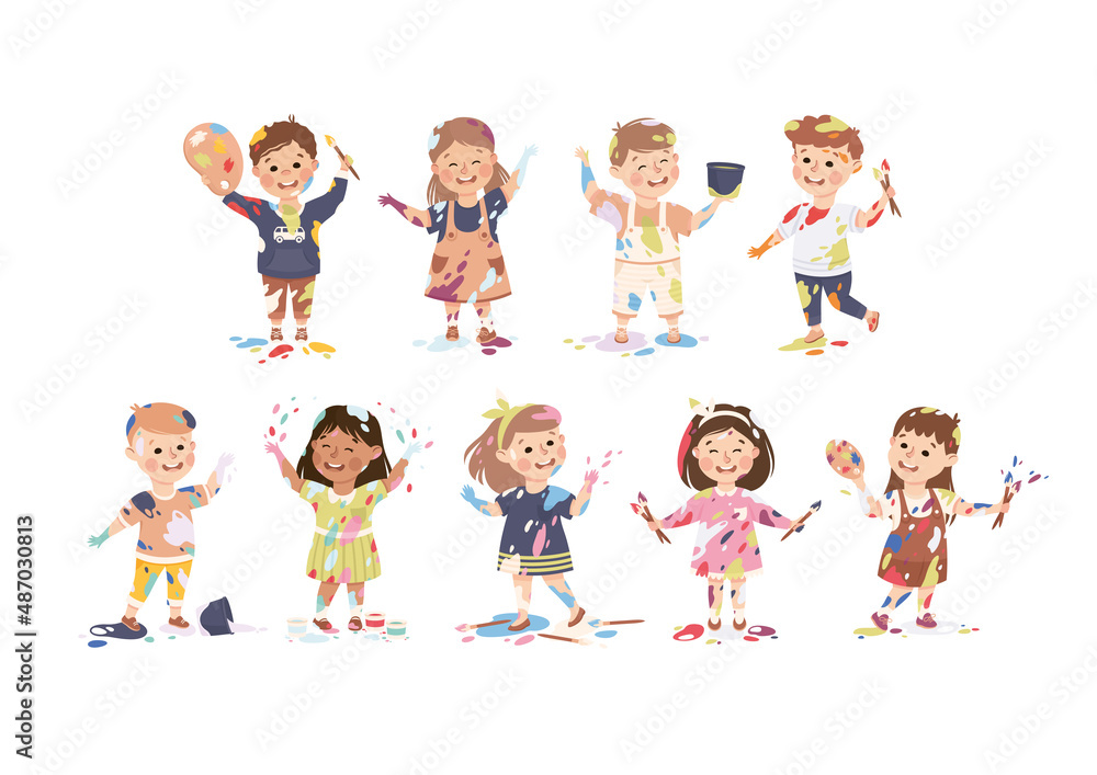 Little Children Smeared in Paints Holding Artist Palette and Brush Vector Set Little Children Smeared in Paints Holding Artist Palette and Brush Vector Set