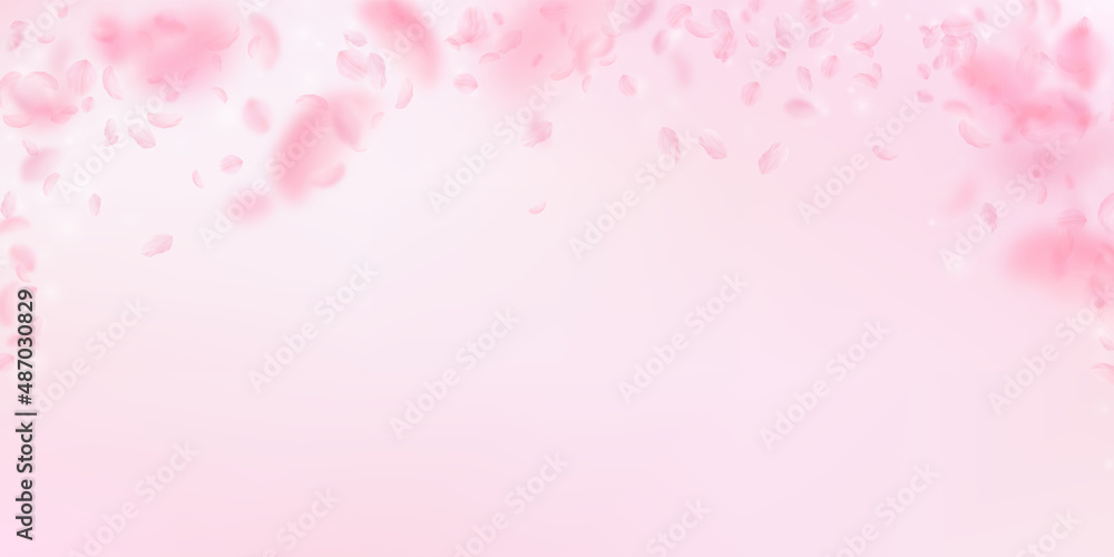 Sakura petals falling down. Romantic pink flowers falling rain. Flying petals on pink wide background. Love, romance concept. Modern wedding invitation.