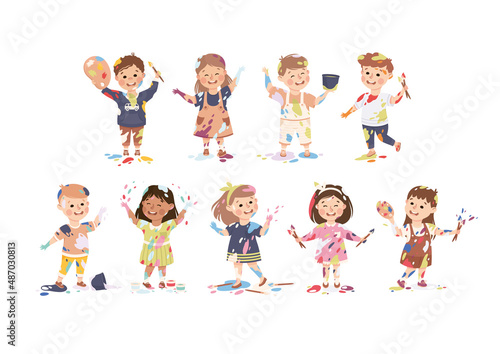 Little Children Smeared in Paints Holding Artist Palette and Brush Vector Set