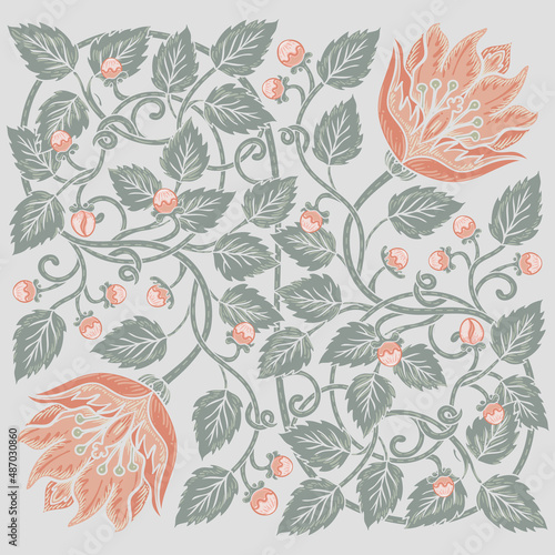 Floral vintage squared pattern for retro wallpapers. Enchanted Vintage Flowers. Arts and Crafts movement inspired. Design for wrapping paper  wallpaper  fabrics and fashion clothes.