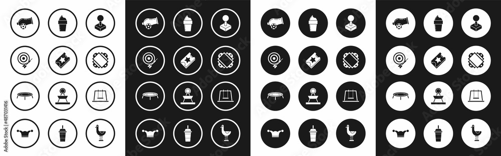 Set Joystick for arcade machine, Ticket, Classic dart board and arrow, Cannon, Ice cream waffle cone, Swing and Jumping trampoline icon. Vector