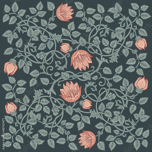 Floral vintage squared pattern for retro wallpapers. Enchanted Vintage Flowers. Arts and Crafts movement inspired. Design for wrapping paper, wallpaper, fabrics and fashion clothes.
